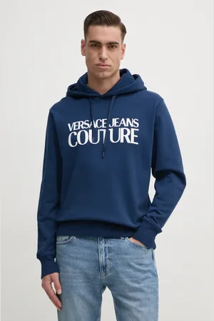 VERSACE Bavlněná mikina pánská, tmavomodrá barva, s kapucí, s aplikací, 78GAIE05 CF00E