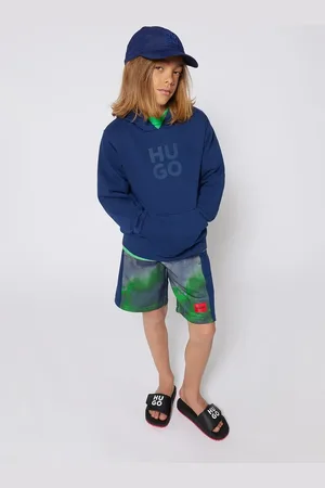 HUGO BOSS Dětská bavlněná mikina tmavomodrá barva, s kapucí, s aplikací, G00349