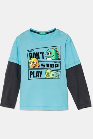 Benetton Dětské tričko s dlouhým rukávem barva, s potiskem, 3696G10H4