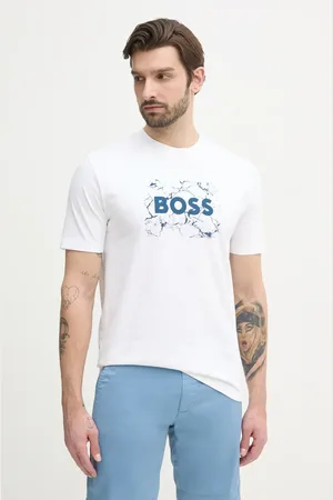 HUGO BOSS Bavlněné tričko béžová barva, s potiskem, 50539186