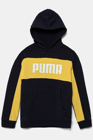 PUMA Dětská mikina ESS BLOCK Hoodie TR tmavomodrá barva, s kapucí, s potiskem, 685819