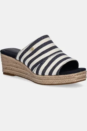 Tommy Hilfiger Pantofle NAUTICAL STRIPES ESPADRILLE MULE dámské, tmavomodrá barva, na klínku, FW0FW08666