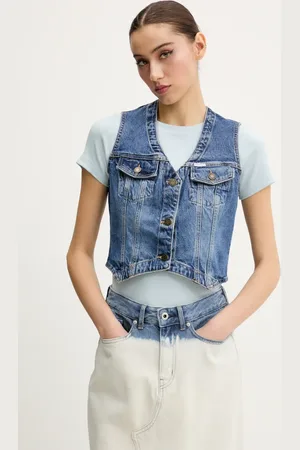 Guess Džínová vesta tmavomodrá barva, jednořadá, W5GN74 D5M46