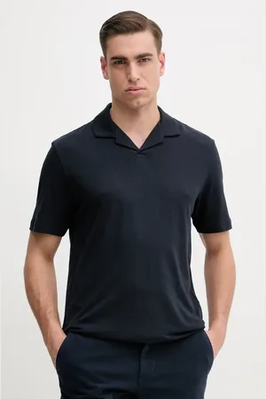 HUGO BOSS Polo tričko s lněnou směsí tmavomodrá barva, 50537502