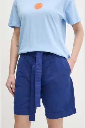 Napapijri Lněné kraťasy N-Nice dámské, tmavomodrá barva, hladké, high waist, NP0A4IEXB2U1