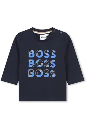 HUGO BOSS Dětské bavlněné tričko s dlouhým rukávem tmavomodrá barva, s potiskem, J51291