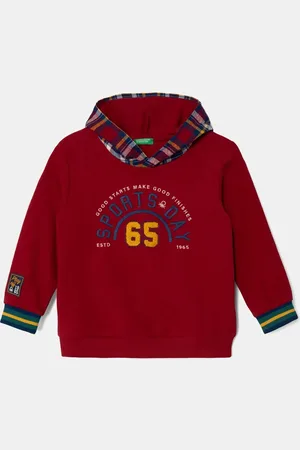 Benetton Dětská mikina vínová barva, s kapucí, s aplikací, 32N4G200R