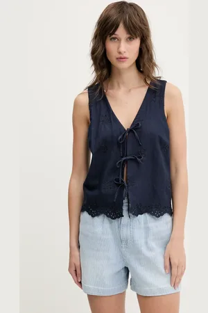 Hollister Lněná vesta tmavomodrá barva, jednořadá, KI340-5068