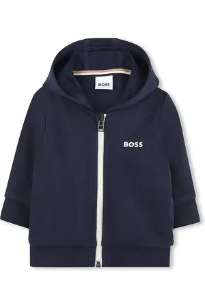 HUGO BOSS Kojenecká mikina tmavomodrá barva, s kapucí, hladká, J52095