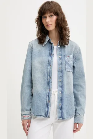 Tommy Hilfiger Bavlněná džínová košile dámská, barva, relaxed, s klasickým límcem, DW0DW20665