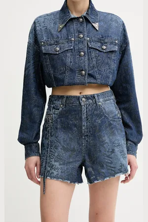 VERSACE Kraťasy dámské, tmavomodrá barva, s potiskem, high waist, 78HAD51G DS025LF1