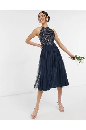 Maya Deluxe Bridesmaid halter neck midi tulle dress with tonal delicate sequins in