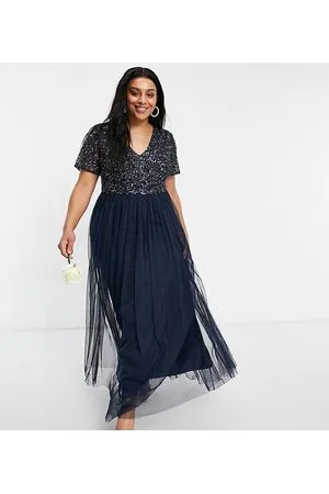 Maya Deluxe Bridesmaid short sleeve maxi tulle dress with tonal delicate sequins in taupe