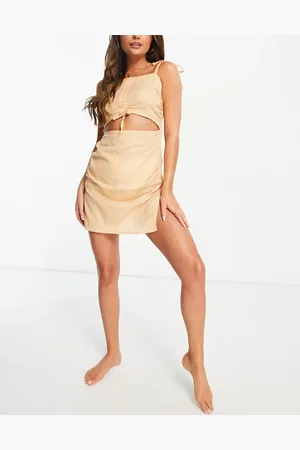 ASOS Ruched front tie shoulder beach mini dress in coral