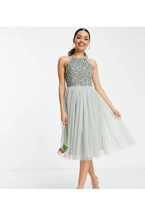 Maya Deluxe Petite Bridesmaid halter neck midi tulle dress with tonal delicate sequins in sage