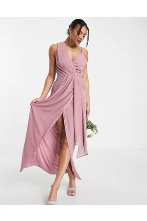 TFNC Bridesmaid chiffon wrap maxi dress with hi low hem in lavender