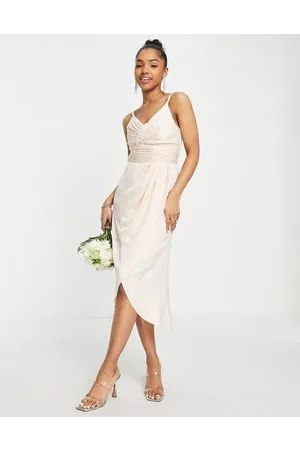 Little Mistress Bridesmaid satin wrap dress in sand