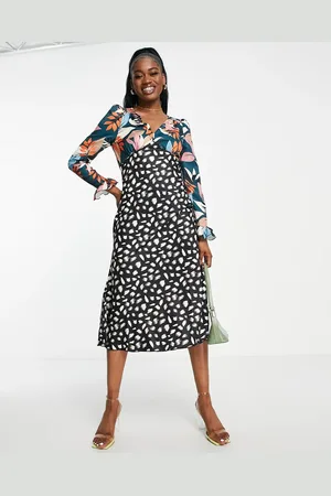 Little Mistress Plunge front midi tea dress in patwork floral and spot print