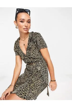 ASOS Plisse short sleeve ruffle wrap mini dress in brown leopard print