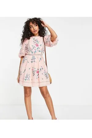 ASOS ASOS DESIGN Petite high neck dobby embroidered mini dress with lace trims in