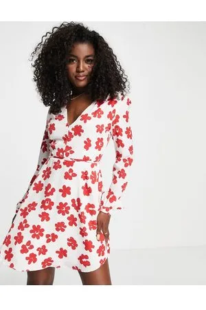Glamorous V-neck mini wrap dress in red floral