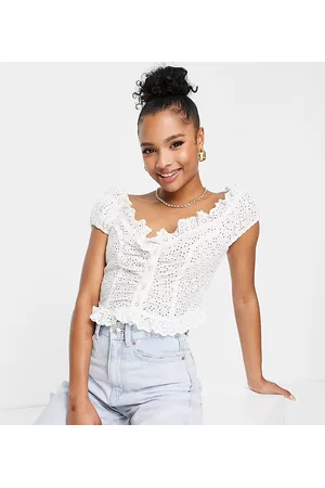 ASOS Petite broderie corset button front top with frill neck in