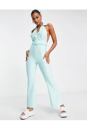 ASOS Rib zip front collared jumpsuit with belt in baby