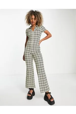 ASOS Collar zip front 70s rib jumpsuit in geo print