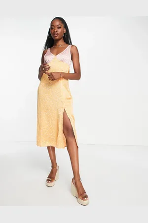 Stradivarius V neck satin midi dress in mix and match print
