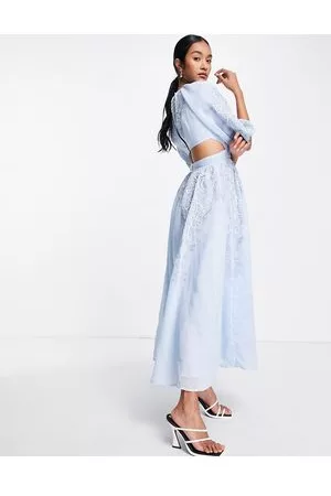 ASOS Puff sleeve midi dress with cut out back and beaded embroidery in