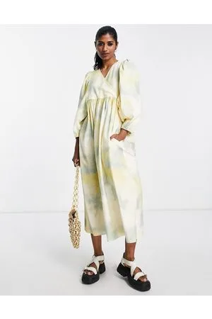EDITED the label Cotton wrap smock dress with balloon sleeve in tie dye