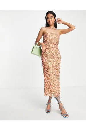 Pretty Lavish Ruched bandeau midaxi dress in ditsy brown floral