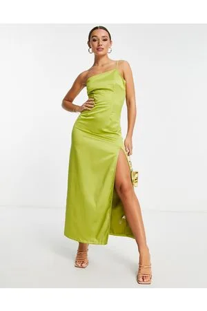 Extro & Vert One shoulder maxi dress with split in olive satin