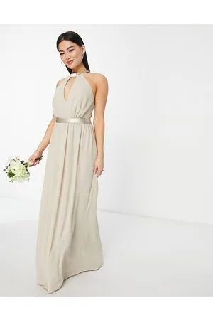 TFNC Bridesmaid maxi with back detail and ruched skirt in caffe latte