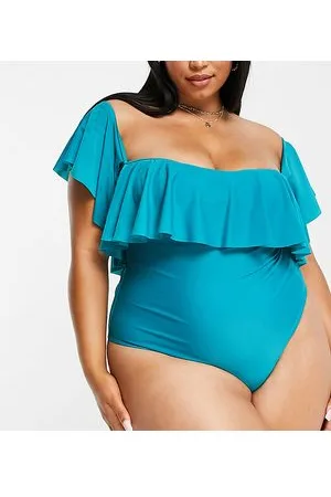 Brave Soul Plus bandeau swimsuit with frilll detail in blue