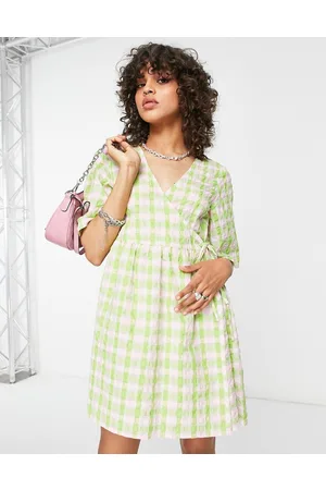 ASOS Wrap smock mini dress in pink and green check