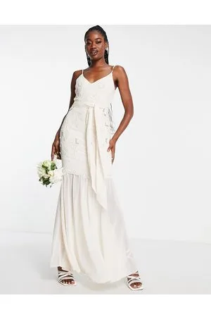 HOPE & IVY Bridal sheer embroidered maxi dress with neck tie in ivory
