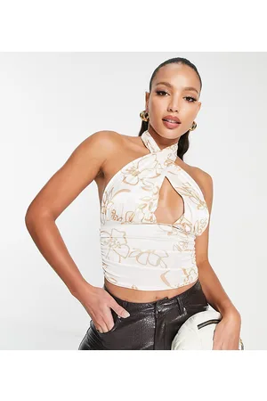 ASOS ASOS DESIGN Tall satin cross front halter crop top in floral