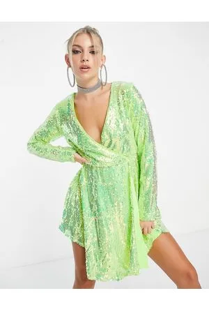Collective The Label Exclusive sequin wrap dress in iridescent lime