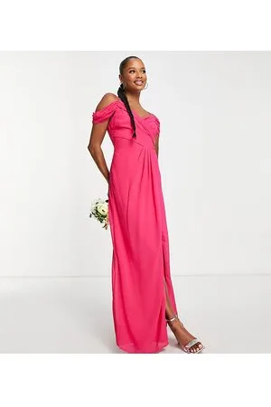 TFNC Bridesmaid drape shoulder wrap dress in fuchsia