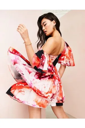 ASOS One shoulder cotton dress with corset detail and ruffles in floral print