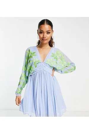 ASOS ASOS DESIGN Petite batwing pleated mini dress in with green embroidery