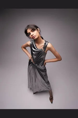 Topshop Asymmetric metallic cut out midi dress in