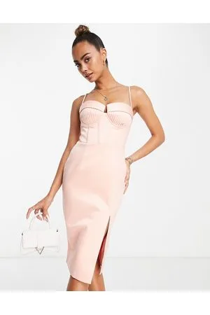 Lavish Alice Pleated corset detail thigh split midi dress in peach