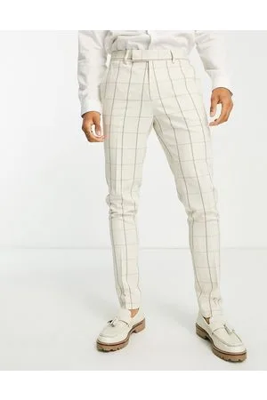 ASOS Skinny linen mix suit trousers in ecru and grid check