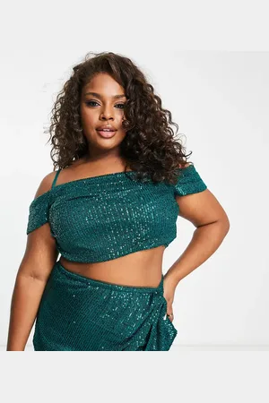 Jaded Rose Off shoulder crop top in emerald sequin co-ord