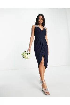 TFNC Bridesmaid wrap front chiffon midi dress with embellished shoulder detail in