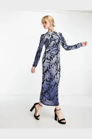 SELECTED Floral devore velvet long sleeve midi dress in blue