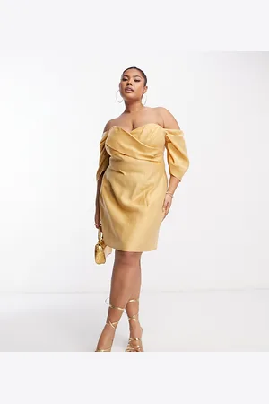 ASOS ASOS DESIGN Curve washed pleated off shoulder mini dress with wrap bust detail in stone