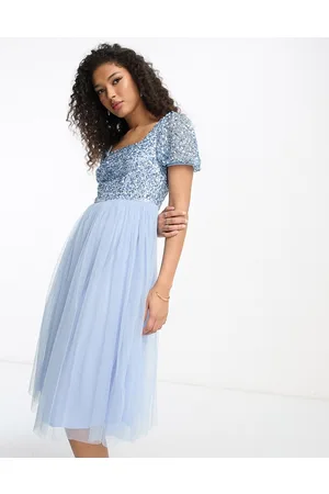 Maya Deluxe Bridesmaid puff sleeve midi dress in baby